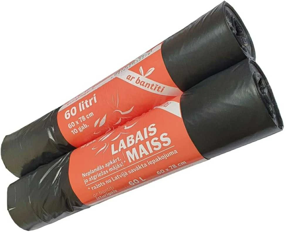 Labais Maiss Užtraukiami šiukšlių maišai 33 mikronai 60x78cm/60L/10vnt. juodi