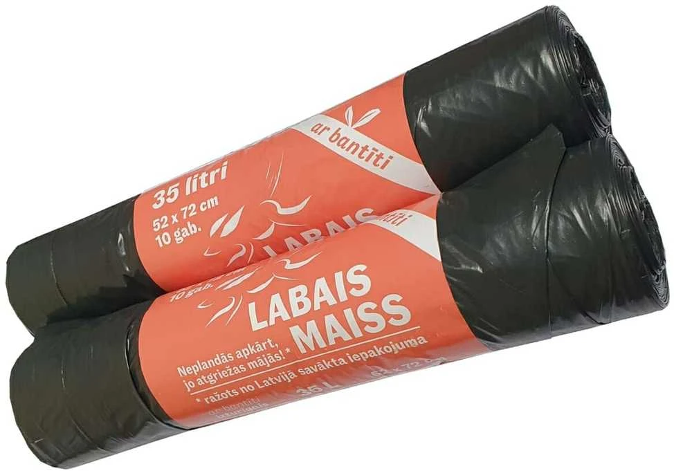 Labais Maiss Užtraukiami šiukšlių maišai 33 mikronai 52x72cm/35L/10vnt. juodi