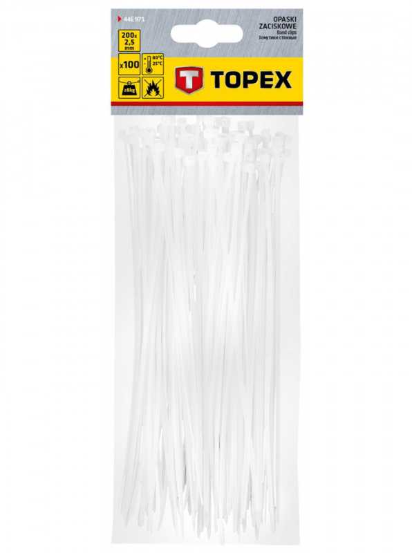 Užveržimo dirželiai TOPEX 2,5mm x 200mm Balti 100 vnt.