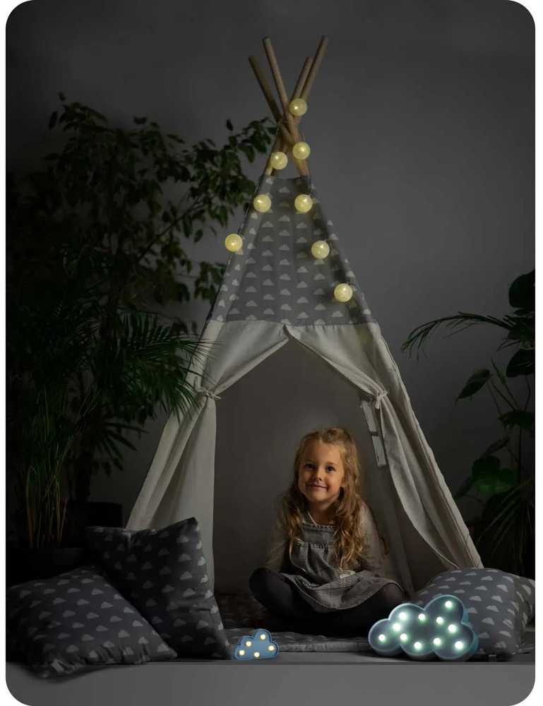 Ricokids Vaikiška tipi palapinė su girlianda ir lemputėmis - šviesiai pilka su debesėliais