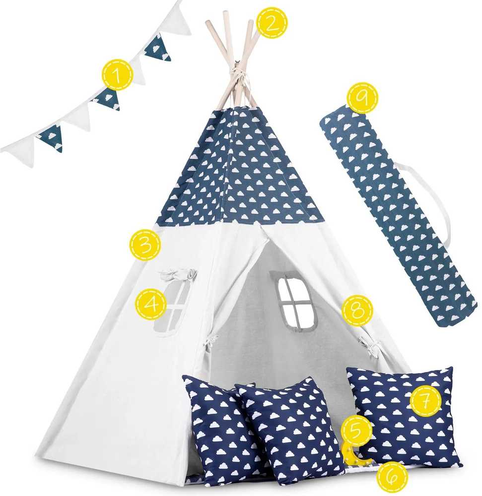 Ricokids Vaikiška tipi palapinė su girlianda ir lemputėmis - tamsiai mėlyna su debesėliais
