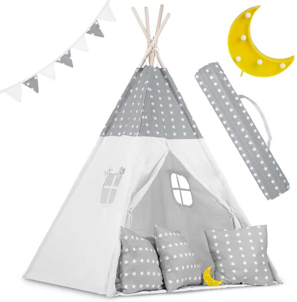 Ricokids Vaikiška tipi palapinė su girlianda ir lemputėmis - šviesiai pilka su žvaigždutėmis