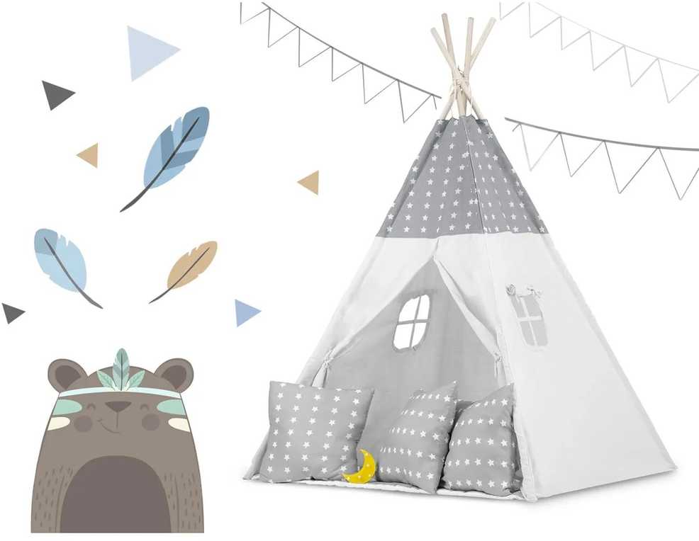Ricokids Vaikiška tipi palapinė su girlianda ir lemputėmis - šviesiai pilka su žvaigždutėmis