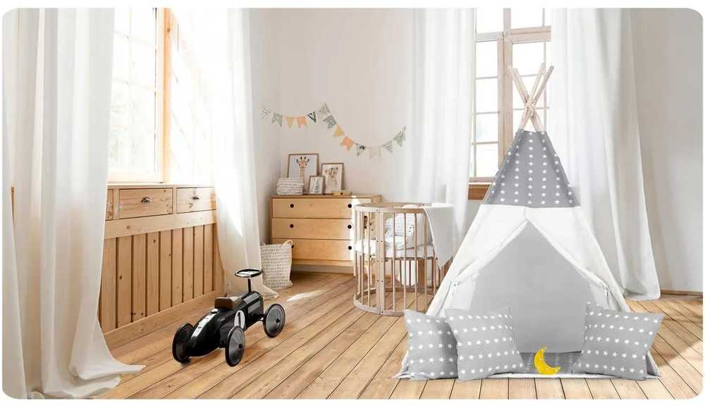 Ricokids Vaikiška tipi palapinė su girlianda ir lemputėmis - šviesiai pilka su žvaigždutėmis