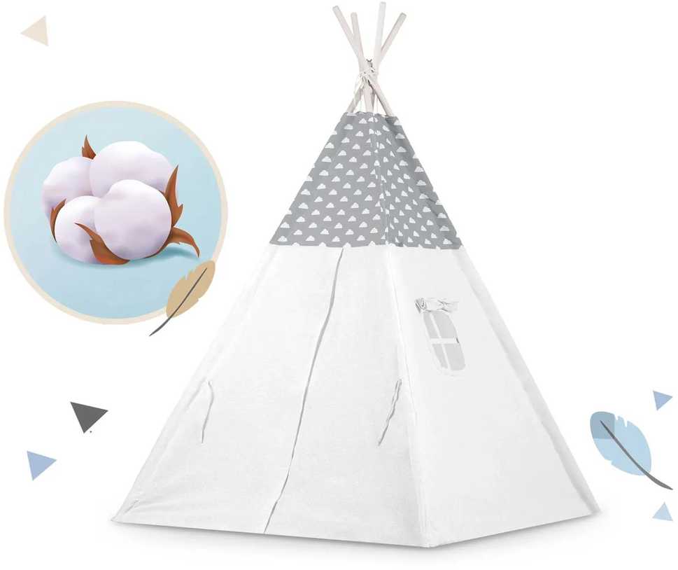 Ricokids Vaikiška tipi palapinė su girlianda ir lemputėmis - šviesiai pilka su debesėliais