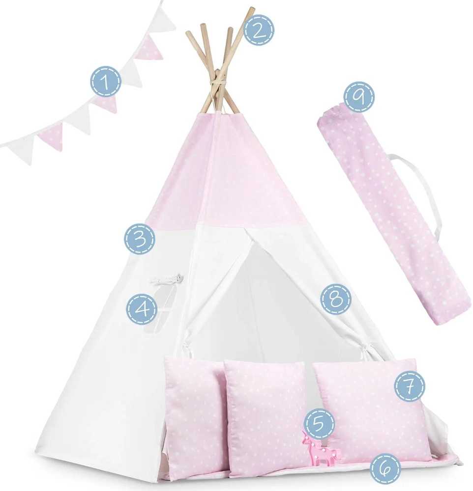 Ricokids Vaikiška tipi palapinė su lemputėmis - rožinė su taškeliais