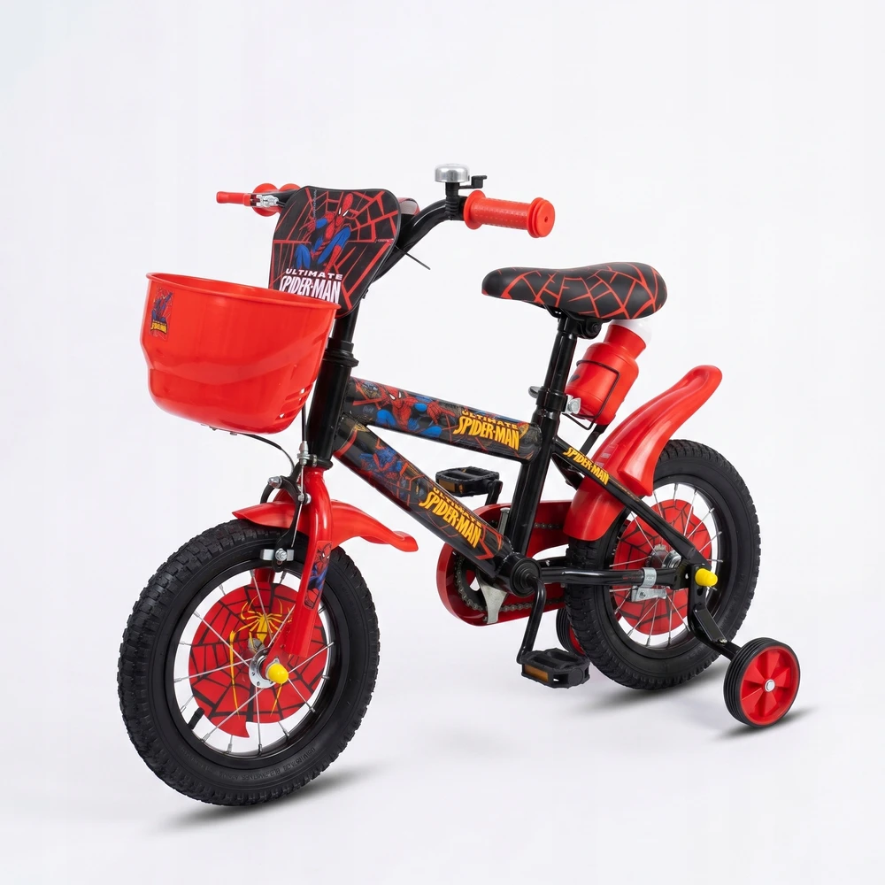 Vaikiškas dviratis 12 colių SpiderMan Side Wheels vandens butelis raudonas juodas