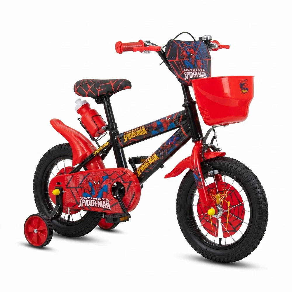 Vaikiškas dviratis 12 colių SpiderMan Side Wheels vandens butelis raudonas juodas