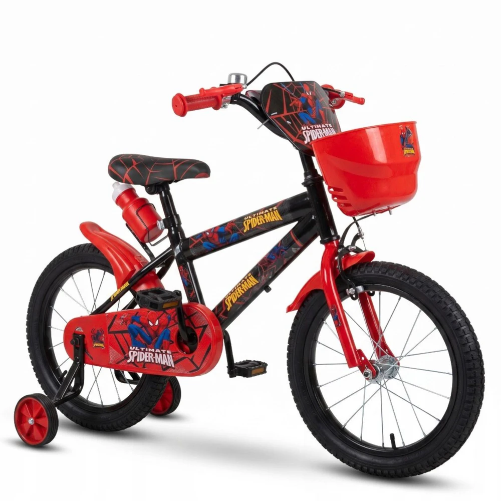 Vaikiškas dviratis 12 colių SpiderMan Side Wheels vandens butelis raudonas juodas
