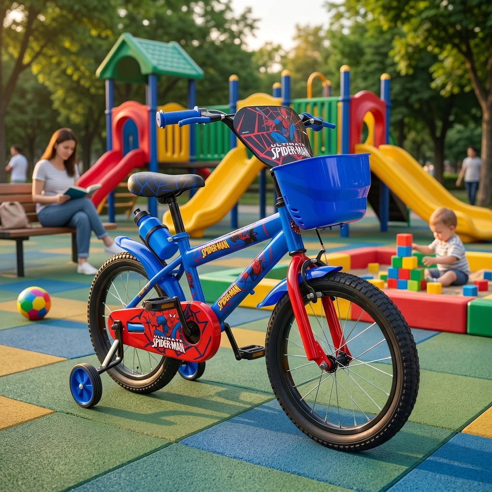 Vaikiškas dviratis 16 colių SpiderMan Side Wheels vandens butelis mėlynos juodos spalvos