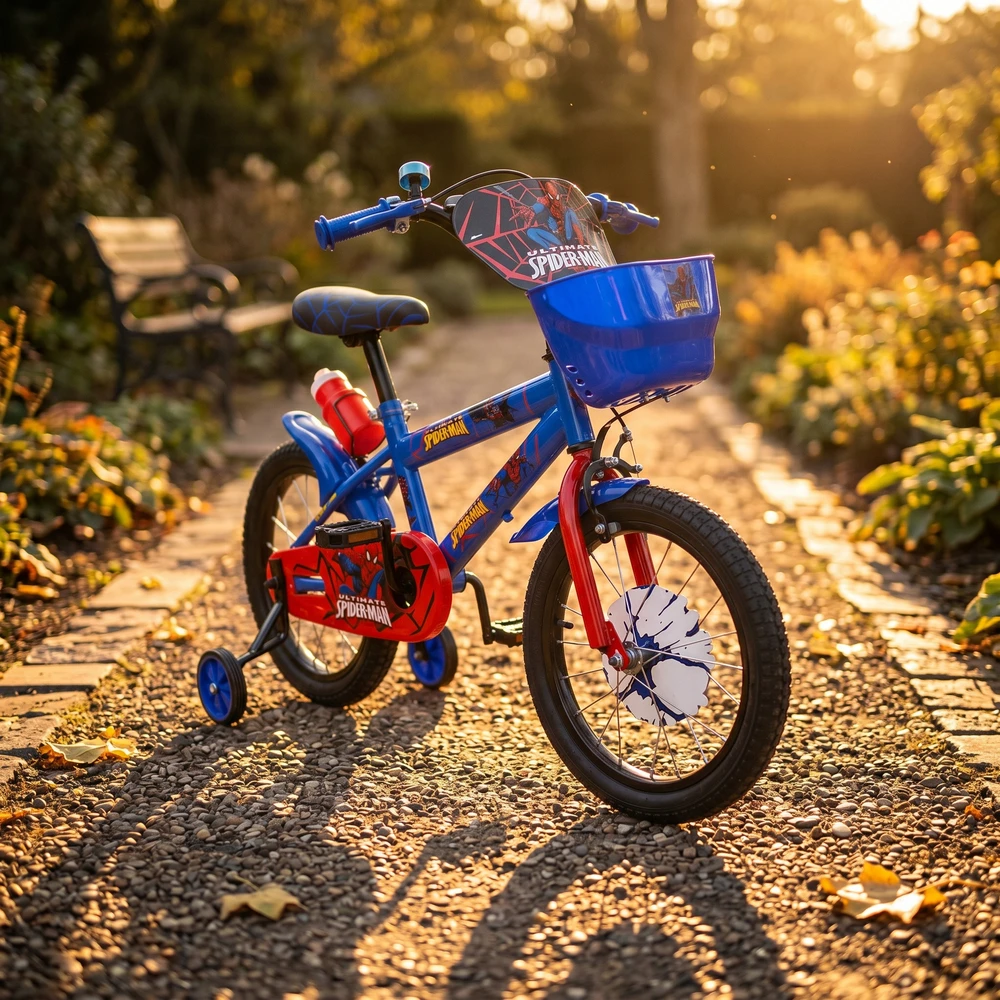 Vaikiškas dviratis 16 colių SpiderMan Side Wheels vandens butelis mėlynos juodos spalvos