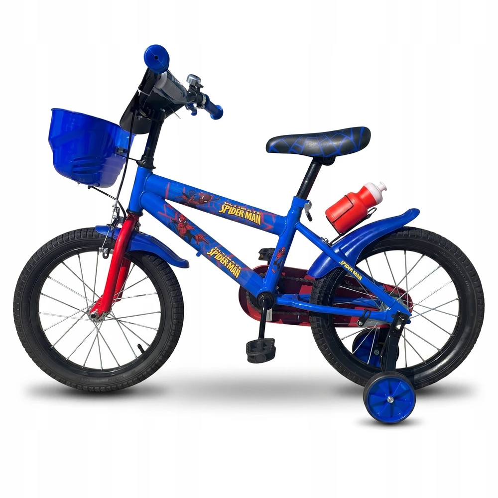 Vaikiškas dviratis 16 colių SpiderMan Side Wheels vandens butelis mėlynos juodos spalvos