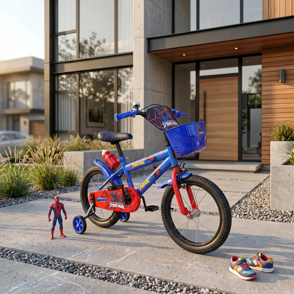 Vaikiškas dviratis 16 colių SpiderMan Side Wheels vandens butelis mėlynos juodos spalvos