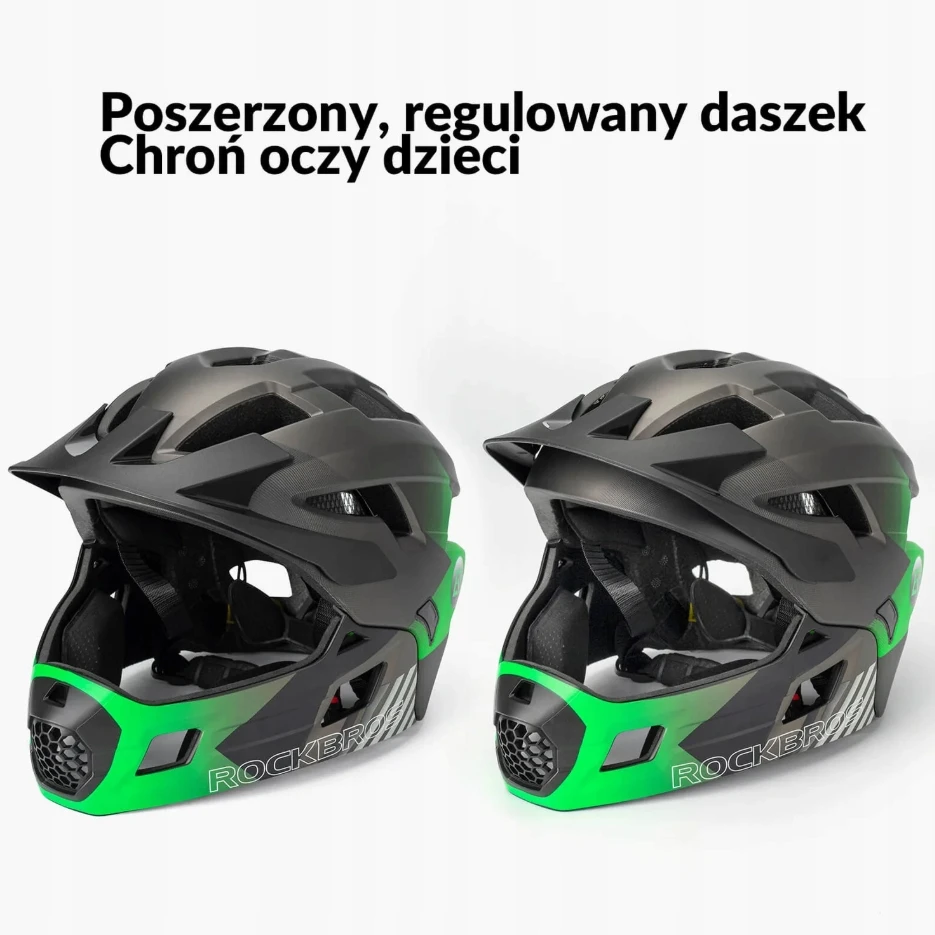 Rockbros TS-61 10110061003 Vaikiškas dviračio šalmas su nuimamu smakru, S dydis (48-52) - Žalias