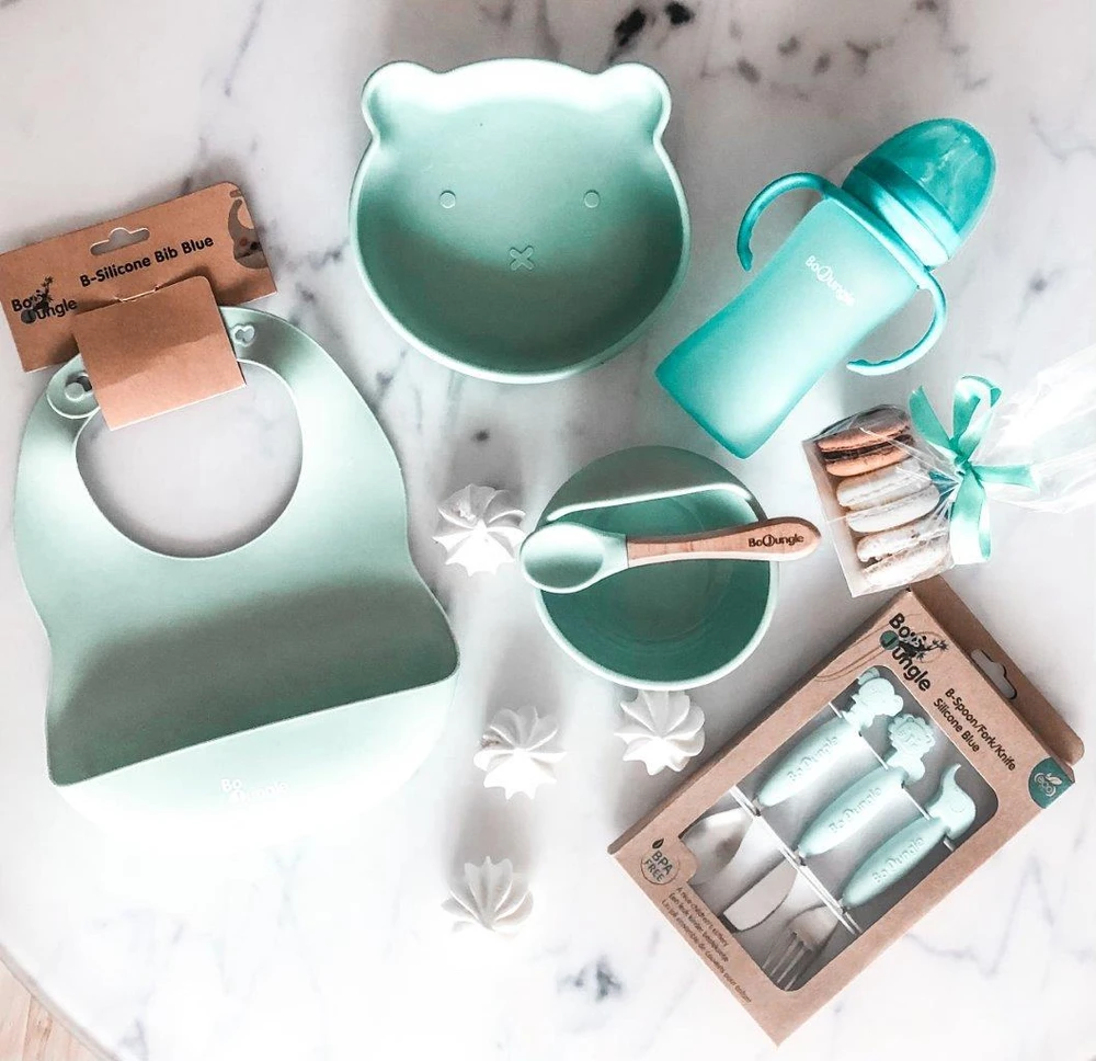 Vaikiškas stalo įrankių rinkinys BO JUNGLE, mėlynas, nerūdijančio plieno silikonas, be BPA, patvarus