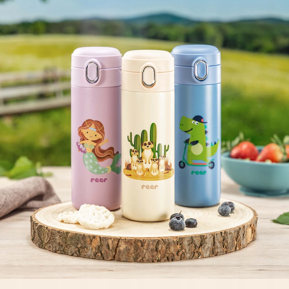 Vaikiškas vandens buteliukas su šiaudeliais 350 ml purpurinis REER be BPA