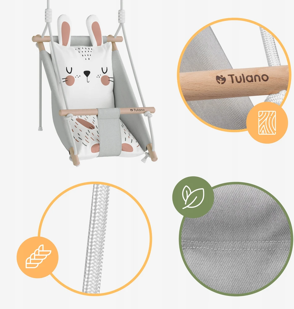 Vaikiškos supynės 3in1 Tulano Hop 45 Rabbit – medinės ir audinio supynės su triušio ausytėmis