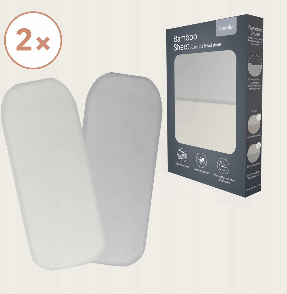 Vaikiškų paklodžių komplektas su guma Lionelo Bamboo Sheet Off Baltas Pilkas, 70x28 cm, 2 dalių
