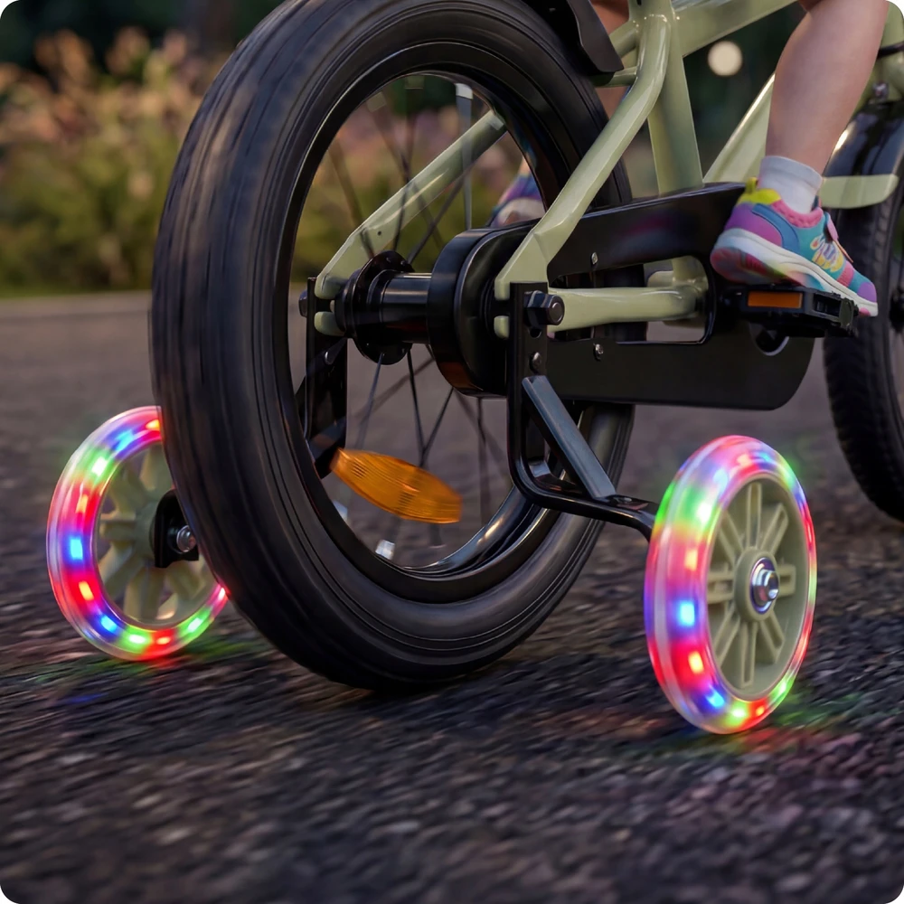 VAIKŲ DVIRAČIO 14 colių ŠONINIAI RATAI LED KREPŠELĖS 50KG DVIRAČIO RĖMAS