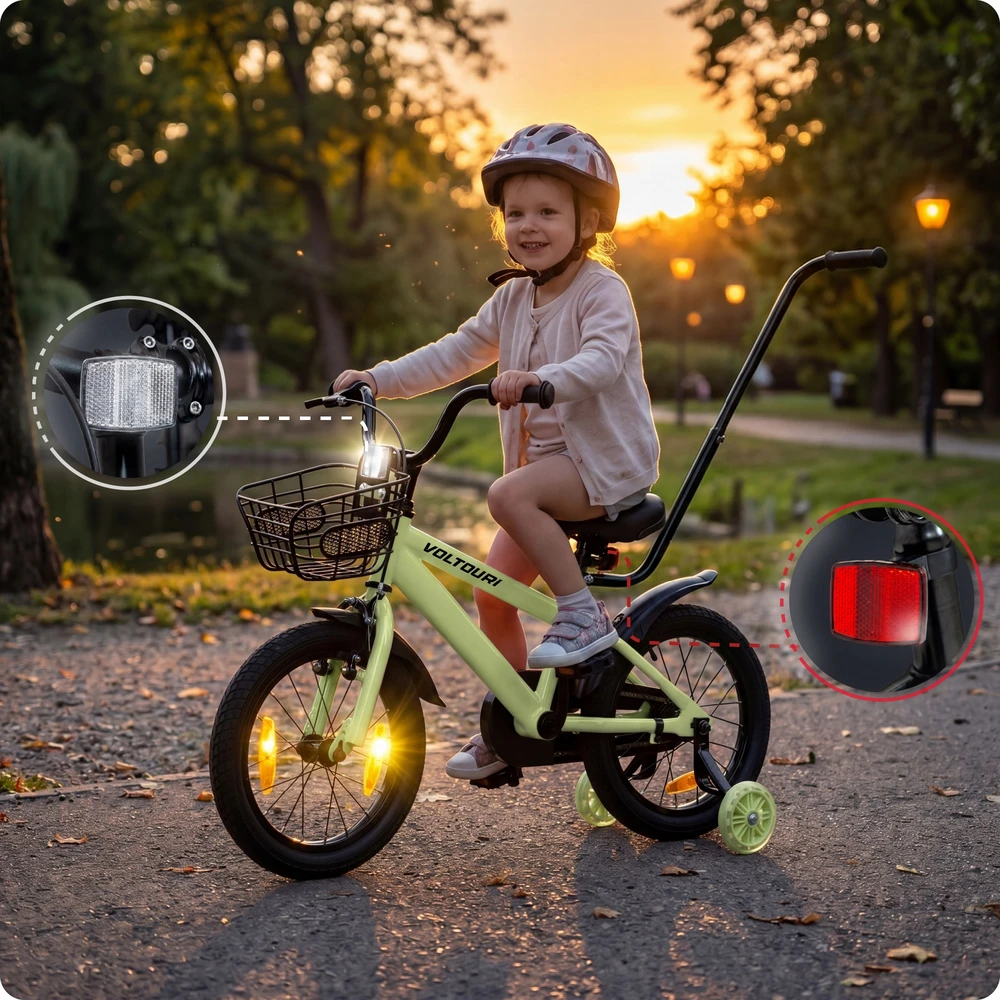 VAIKŲ DVIRAČIO 14 colių ŠONINIAI RATAI LED KREPŠELĖS 50KG DVIRAČIO RĖMAS