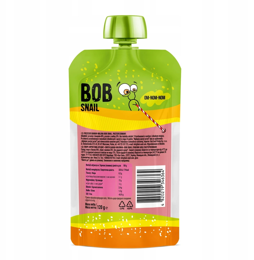 Vaisių putėsiai 100% vaisiai be pridėtinio cukraus BOB SNAIL Bananas Avietės 10x120 g