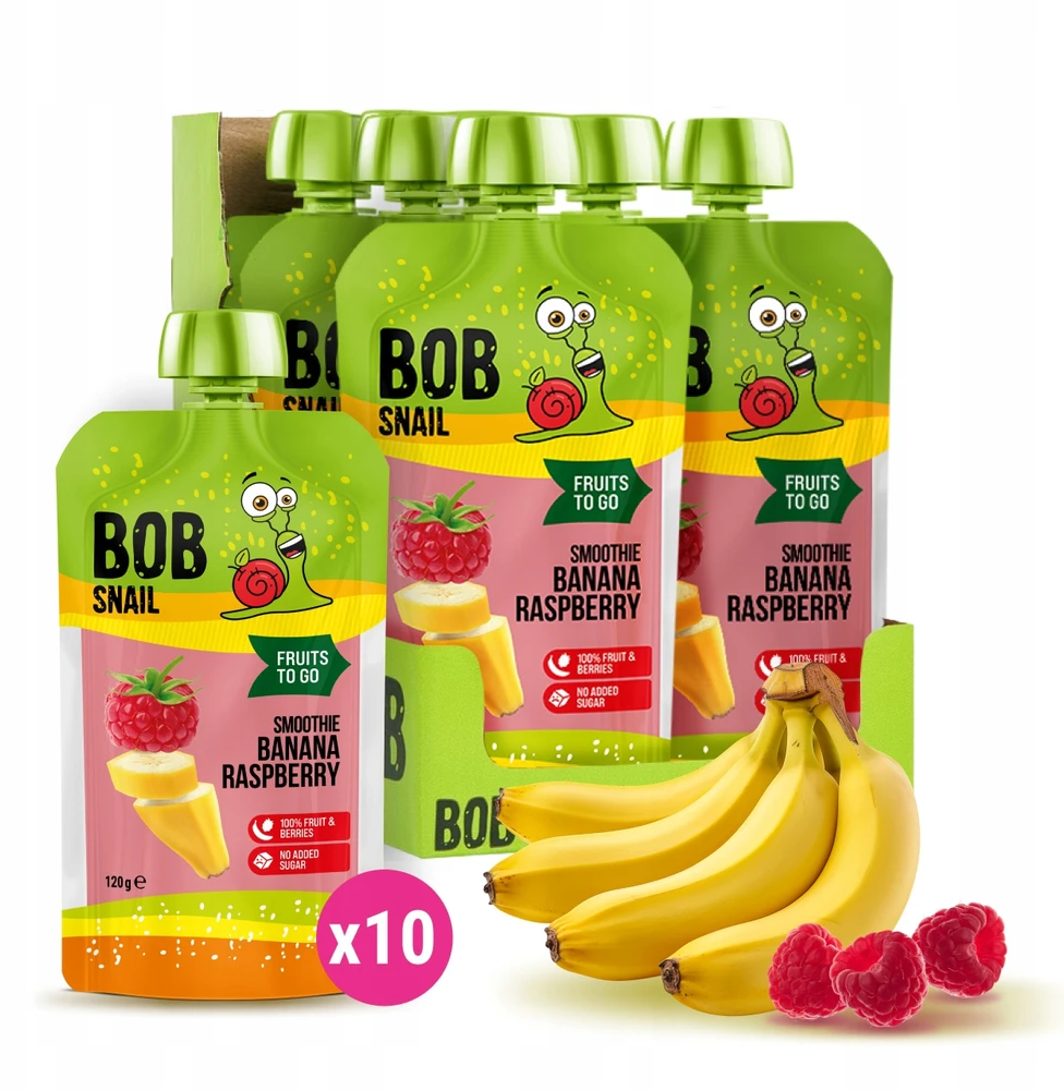 Vaisių putėsiai 100% vaisiai be pridėtinio cukraus BOB SNAIL Bananas Avietės 10x120 g