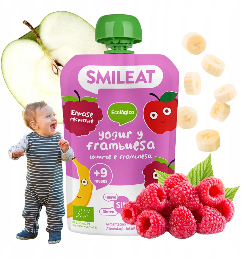 Vaisių putėsiai be cukraus vaikams Aviečių ekologiškas jogurtas 9m+ 100g Smileat