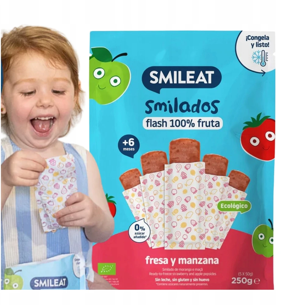 Vaisių putėsiai šaldymui BIO Braškių obuolių dantų ėdinimas SMILEAT 5x50g