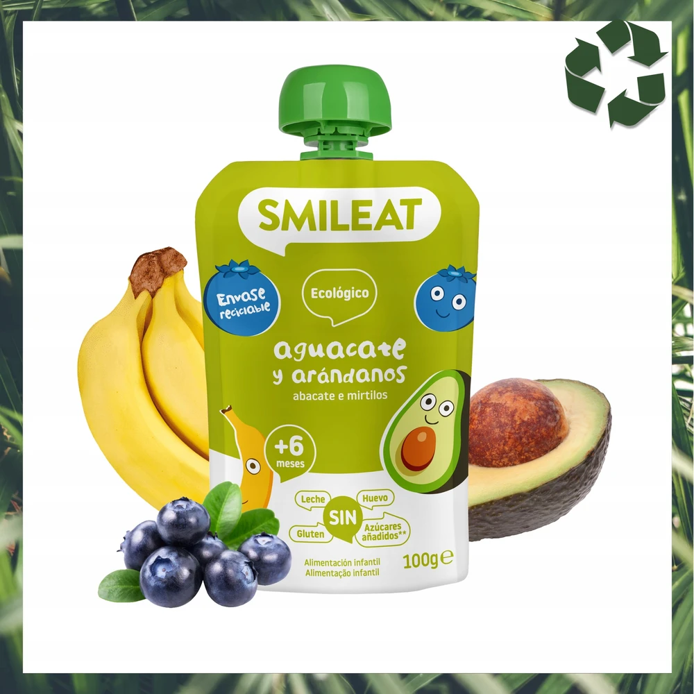 Vaisių putėsiai tūbelėje vaikams Mėlynių ir avokadų ekologiškas 6m+ 100G Smileat