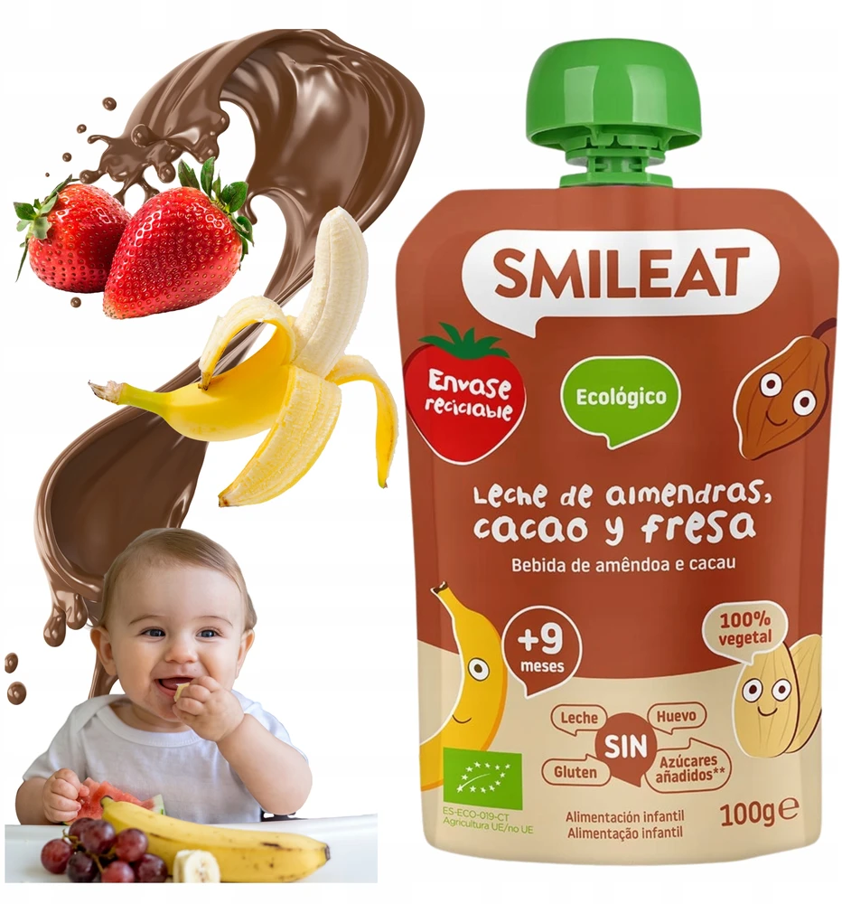 Vaisių putėsiai tūbelėje vaikams Migdolų kakavos braškių ekologiškas 9m+ 100G Smileat
