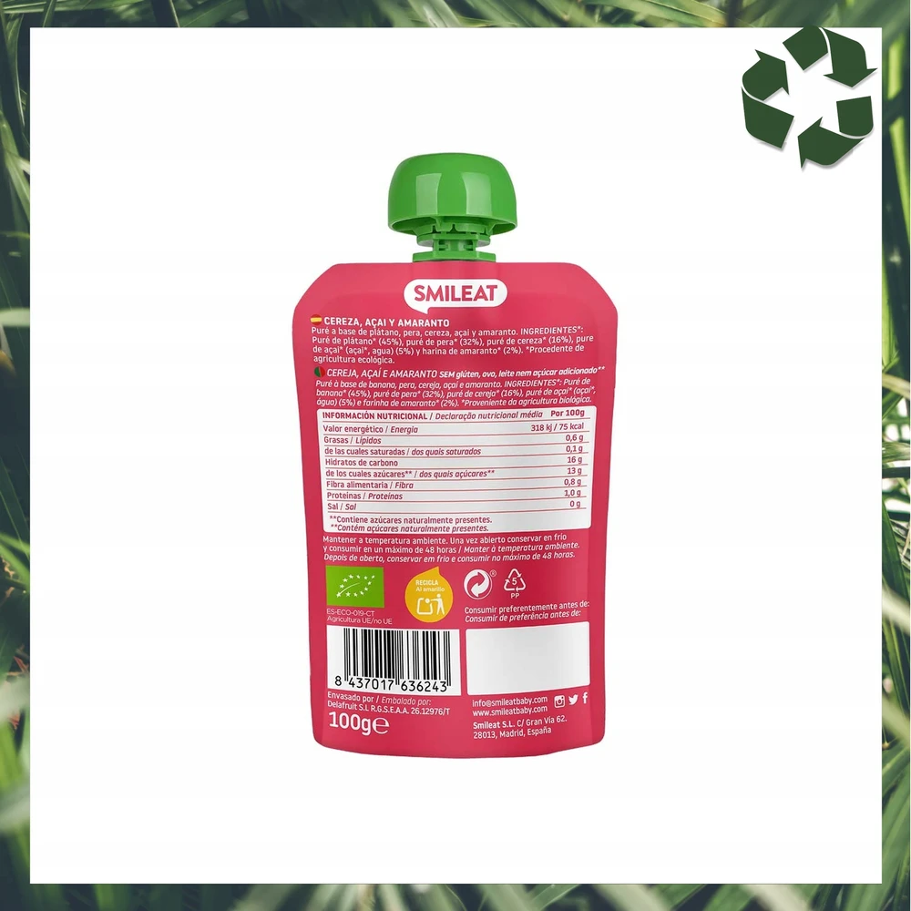Vaisių putėsiai tūbelėje vaikams Vyšnių Acai Amaranth Organic 6m+ 100G Smileat