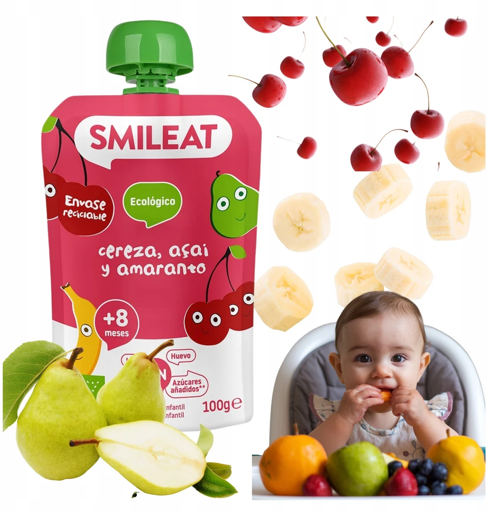 Vaisių putėsiai tūbelėje vaikams Vyšnių Acai Amaranth Organic 6m+ 100G Smileat