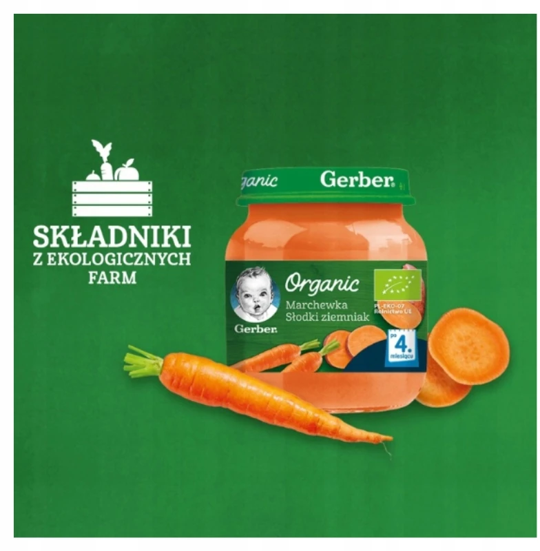 Vakarienė Morkos saldžiosios bulvės nuo 4 mėnesių 125 g Gerber Organic