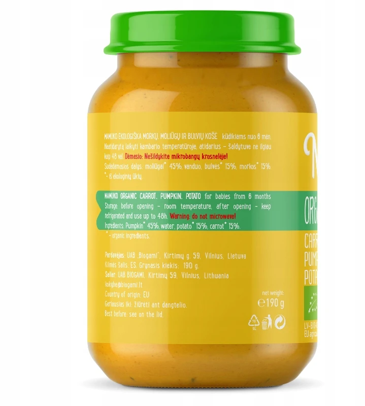 Vakarienė vaikams Ekologiška morkų moliūgų bulvė nuo 6m+ Mamuko 190g