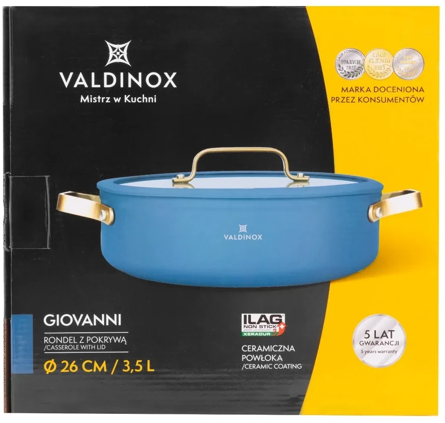 Valdinox Giovanni puodas su dangteliu, auksinėmis rankenomis, nepridegantis 3,5 l 26c