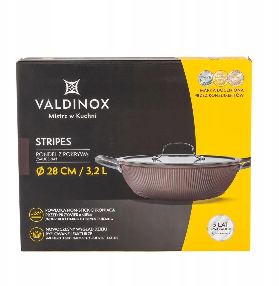 Valdinox Stripes puodas, gili keptuvė, 28 cm, dangtis, indukcija, dujos, 3,2 l
