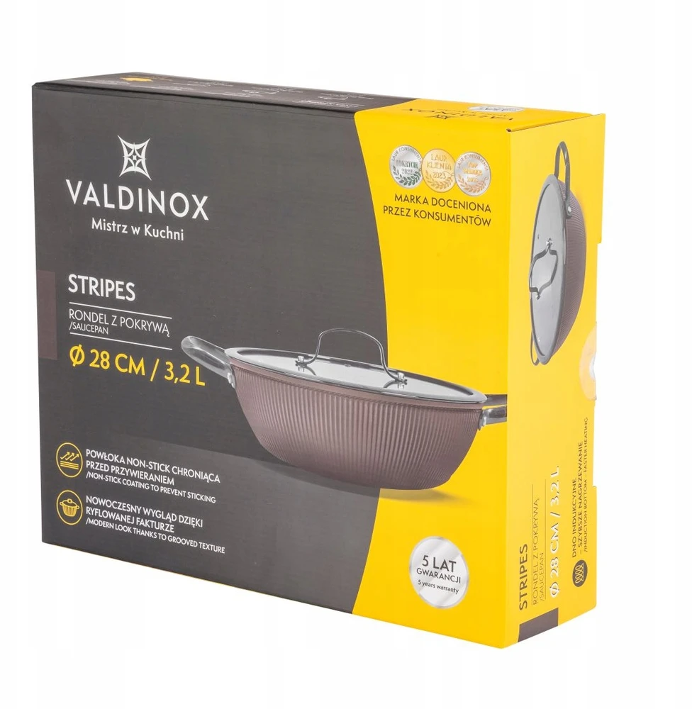 Valdinox Stripes puodas, gili keptuvė, 28 cm, dangtis, indukcija, dujos, 3,2 l