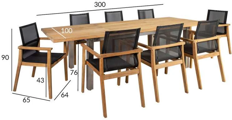 Lauko baldų komplektas Home4You Valgomojo baldų komplektas NAUTICA su 8 kėdėmis (13259), 200 /300x100xH76cm, stalviršis: netašytas tikmedis, nealyvuotas, kojos: nerūdijantis plienas