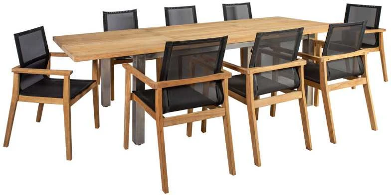 Lauko baldų komplektas Home4You Valgomojo baldų komplektas NAUTICA su 8 kėdėmis (13259), 200 /300x100xH76cm, stalviršis: netašytas tikmedis, nealyvuotas, kojos: nerūdijantis plienas