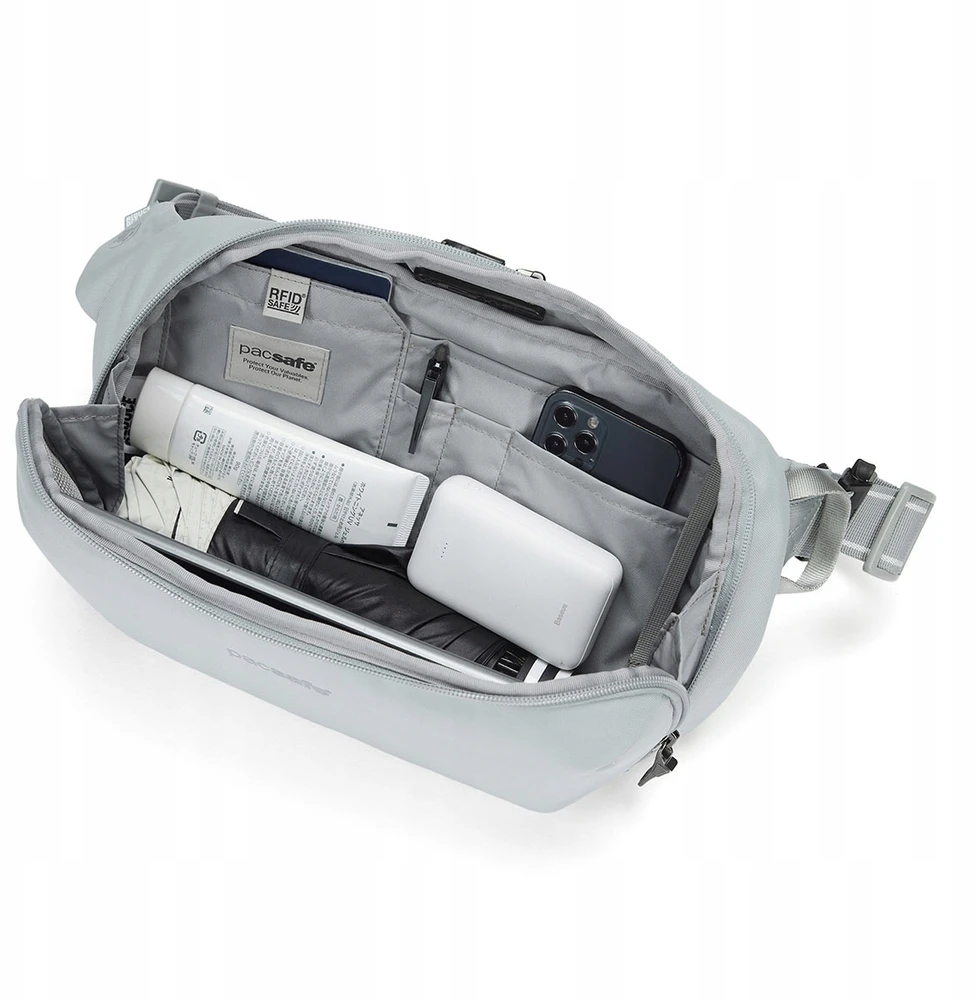 Vandeniui atspari nuo vagysčių apsaugota juosmens (sling) rankinė Pacsafe Metrosafe X Urban Sling, pilka, 5 l