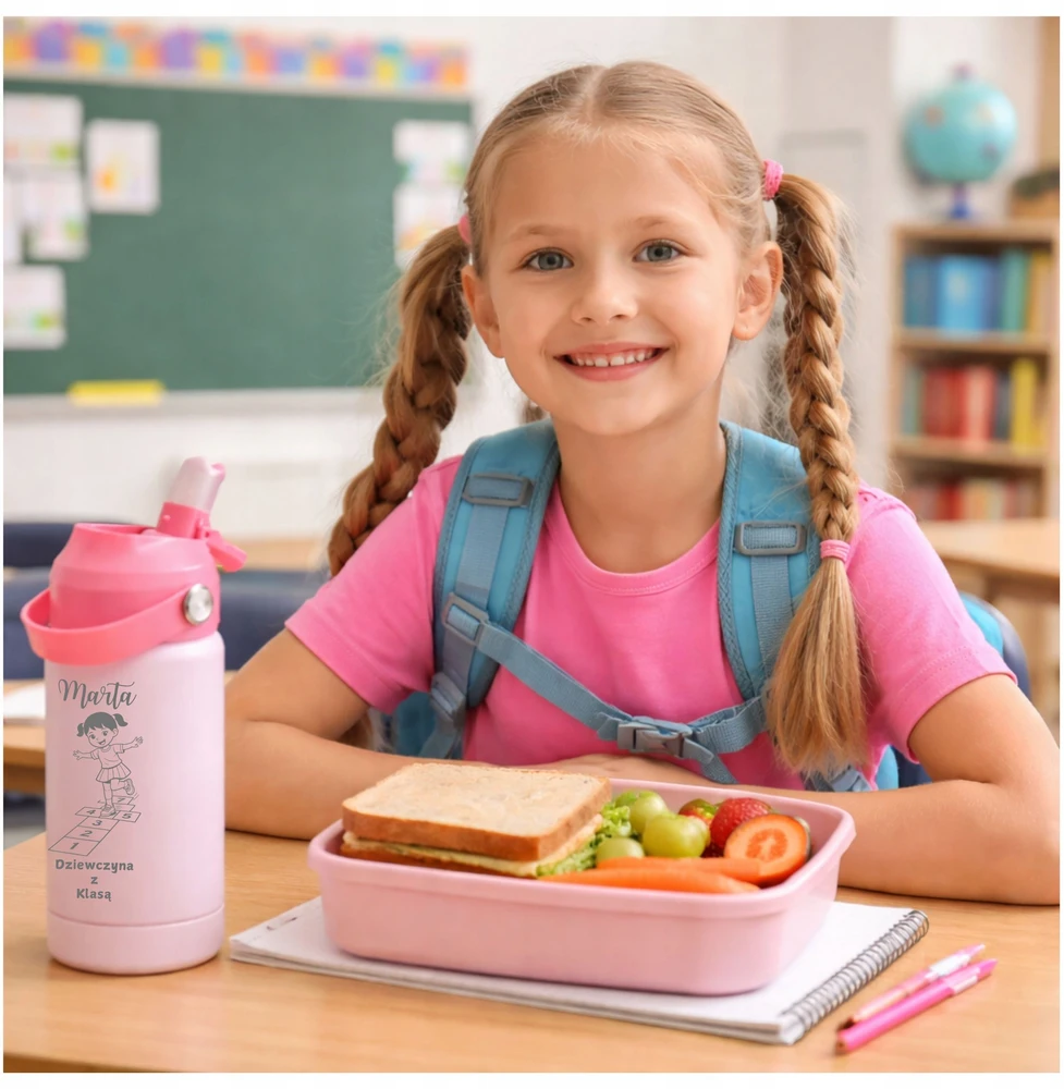 Vandens buteliukas vaikams mokyklai, darželiui, graviruotas pavadinimas, šviesa, BPA Free, 350 ml