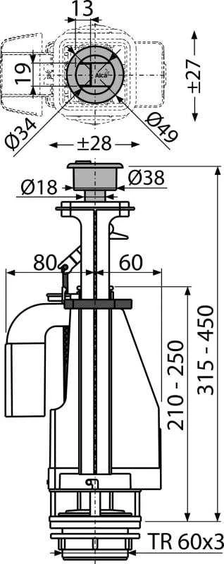 Vandens nuleidimo mechanizmas ALCAPLAST A08, dvigubas mygtukas