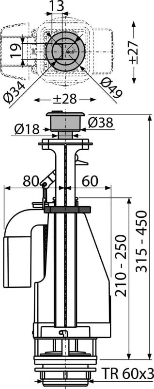 Vandens nuleidimo mechanizmas ALCAPLAST A08, dvigubas mygtukas