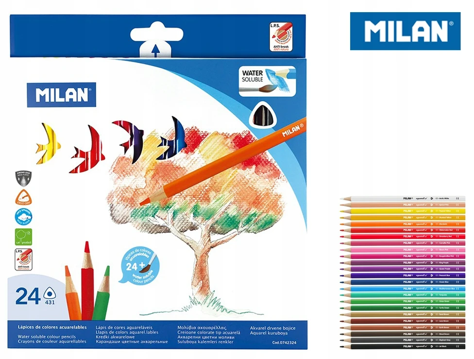 Vandenyje tirpūs spalvoti pieštukai Milan 324, 24 spalvos