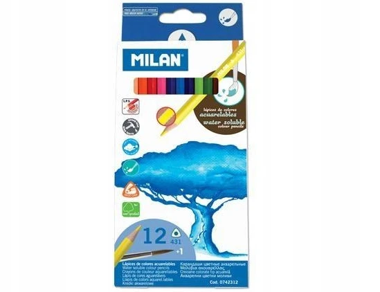 Vandenyje tirpūs spalvoti pieštukai su teptuku Milan 312, 12 spalvų