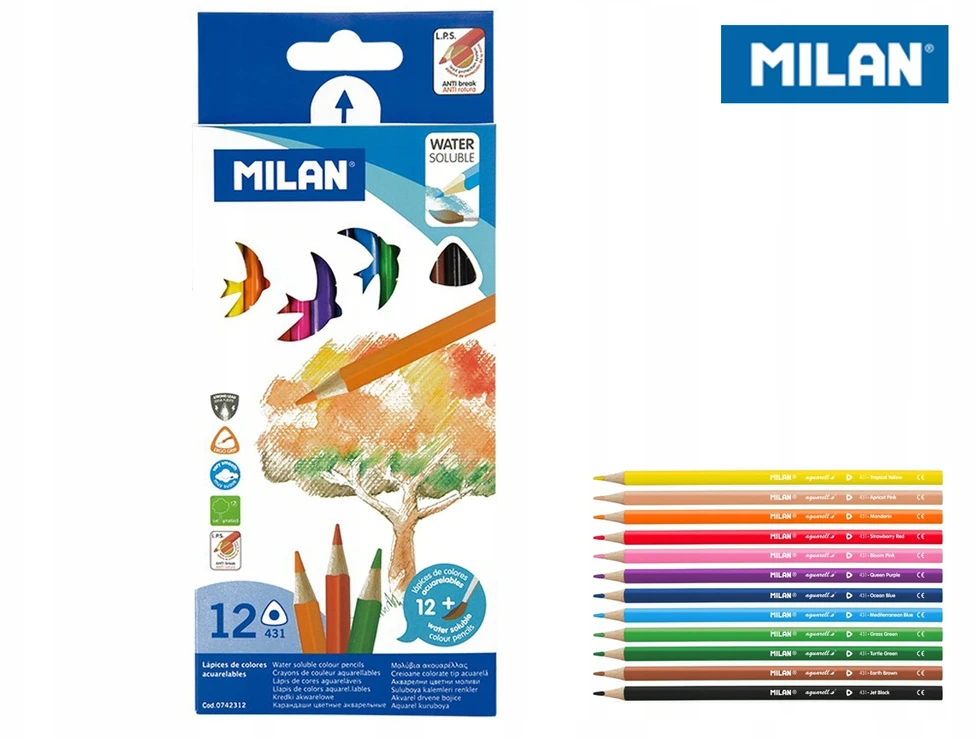 Vandenyje tirpūs spalvoti pieštukai su teptuku Milan 312, 12 spalvų