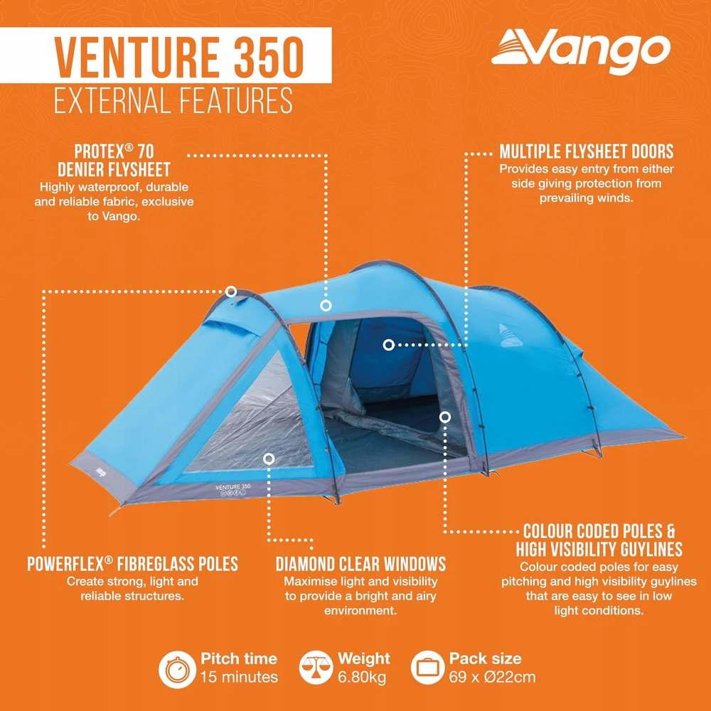 Vango Venture 350 3 asmenų tunelinė turistinė palapinė, atspari vandeniui 3000 mm