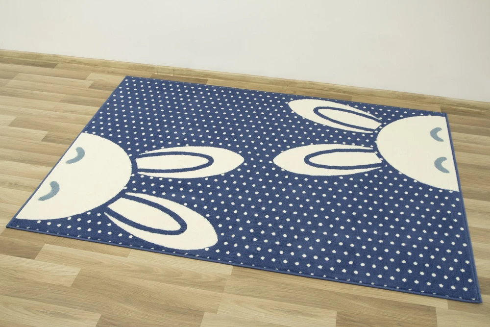 Vanhoutte DYWAN DLA DZIECI DZIECIĘCY KRÓLICZKI KROPKI GROCHY JEANS TANI 200x290 cm