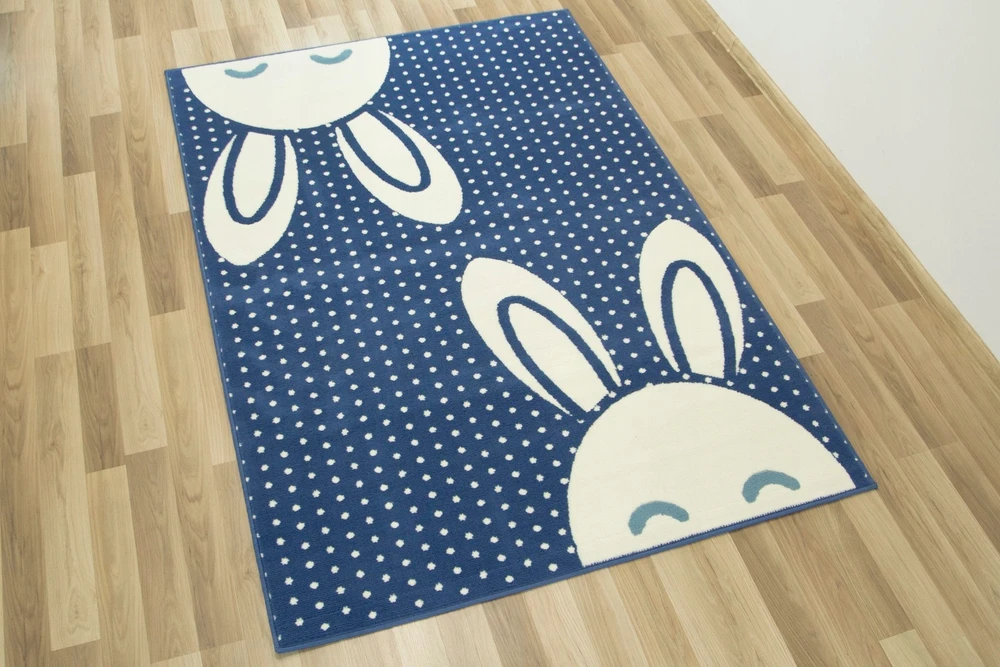 Vanhoutte DYWAN DLA DZIECI DZIECIĘCY KRÓLICZKI KROPKI GROCHY JEANS TANI 200x290 cm