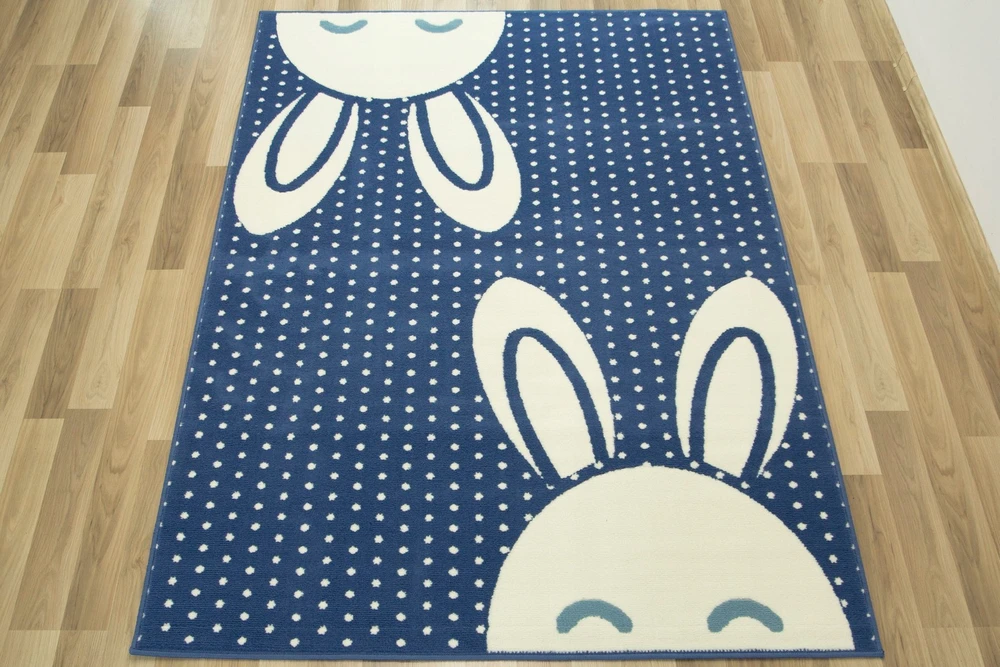 Vanhoutte DYWAN DLA DZIECI DZIECIĘCY KRÓLICZKI KROPKI GROCHY JEANS TANI 200x290 cm